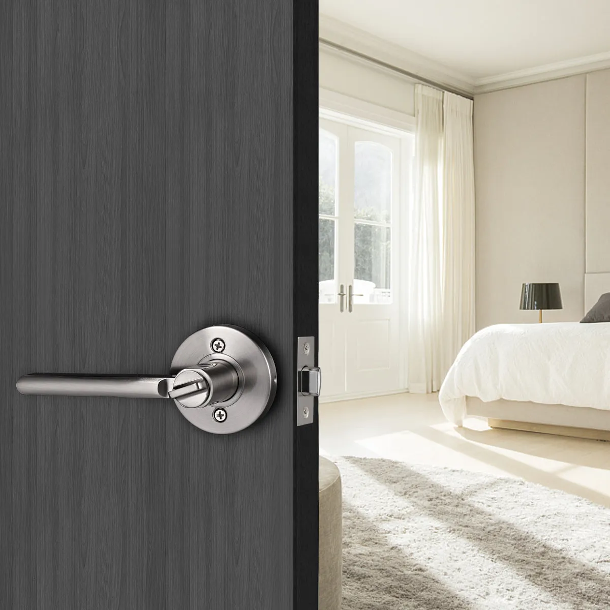 Probrico Door Lever Set Brushed Nickel Finish Interior Bed & Bath Privacy Door Lock DL1637SNBK