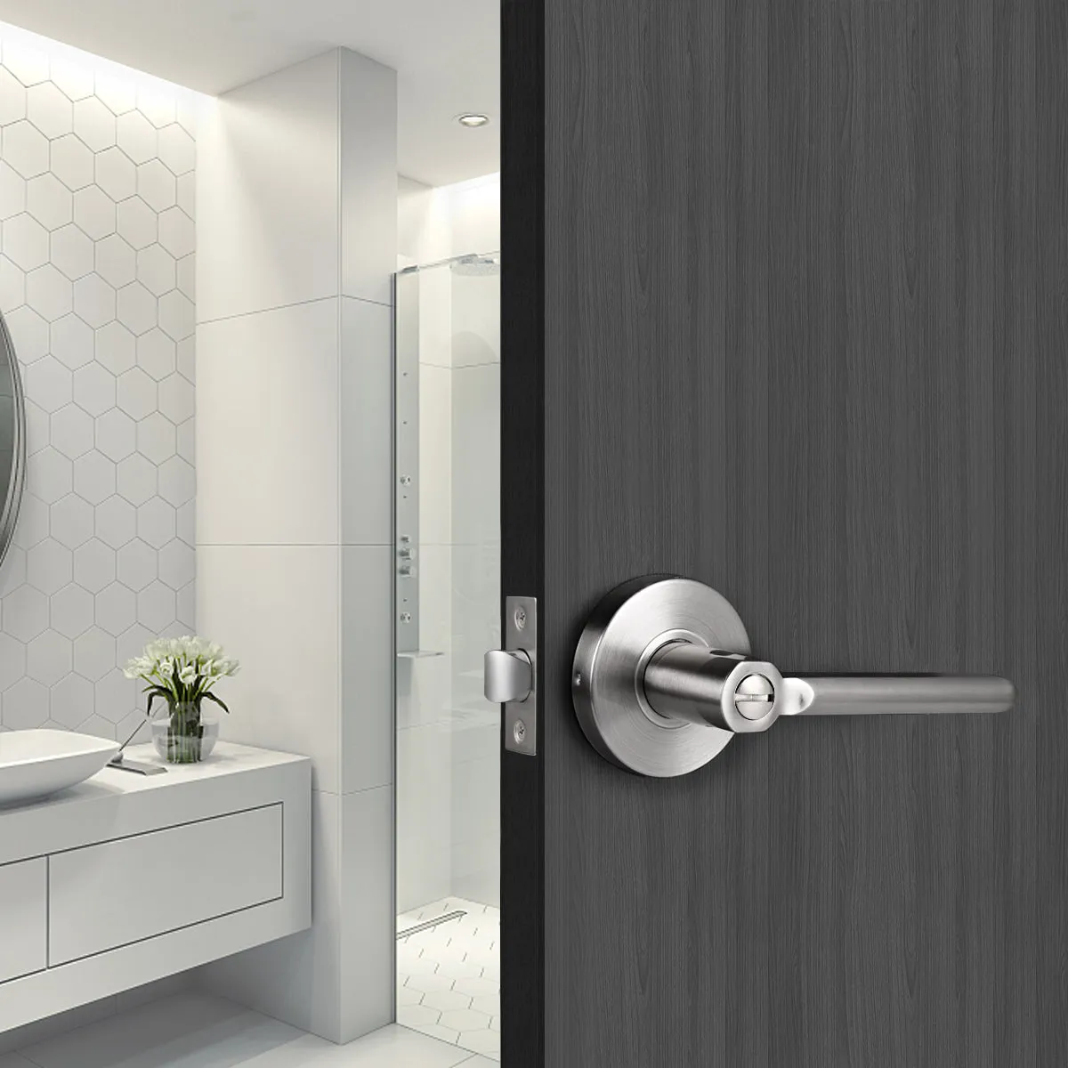 Probrico Door Lever Set Brushed Nickel Finish Interior Bed & Bath Privacy Door Lock DL1637SNBK