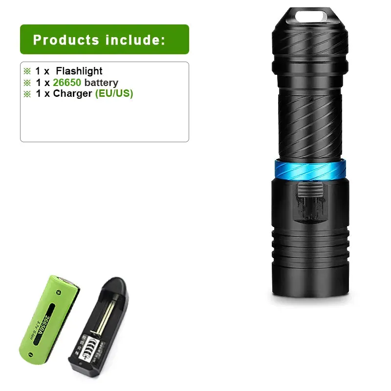 Professional Diving Torch IPX8 100M Diving Flashlight 18650 26650 Underwater Lamp Rechargeable Led Lantern Waterproof Flashlight