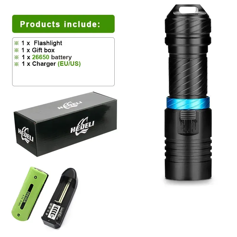 Professional Diving Torch IPX8 100M Diving Flashlight 18650 26650 Underwater Lamp Rechargeable Led Lantern Waterproof Flashlight
