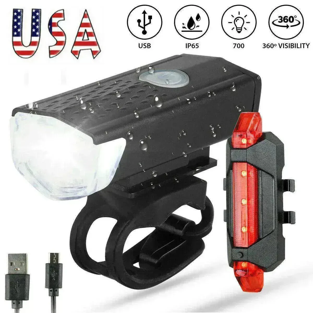 Recharge LED Bike Light Set: Rainproof