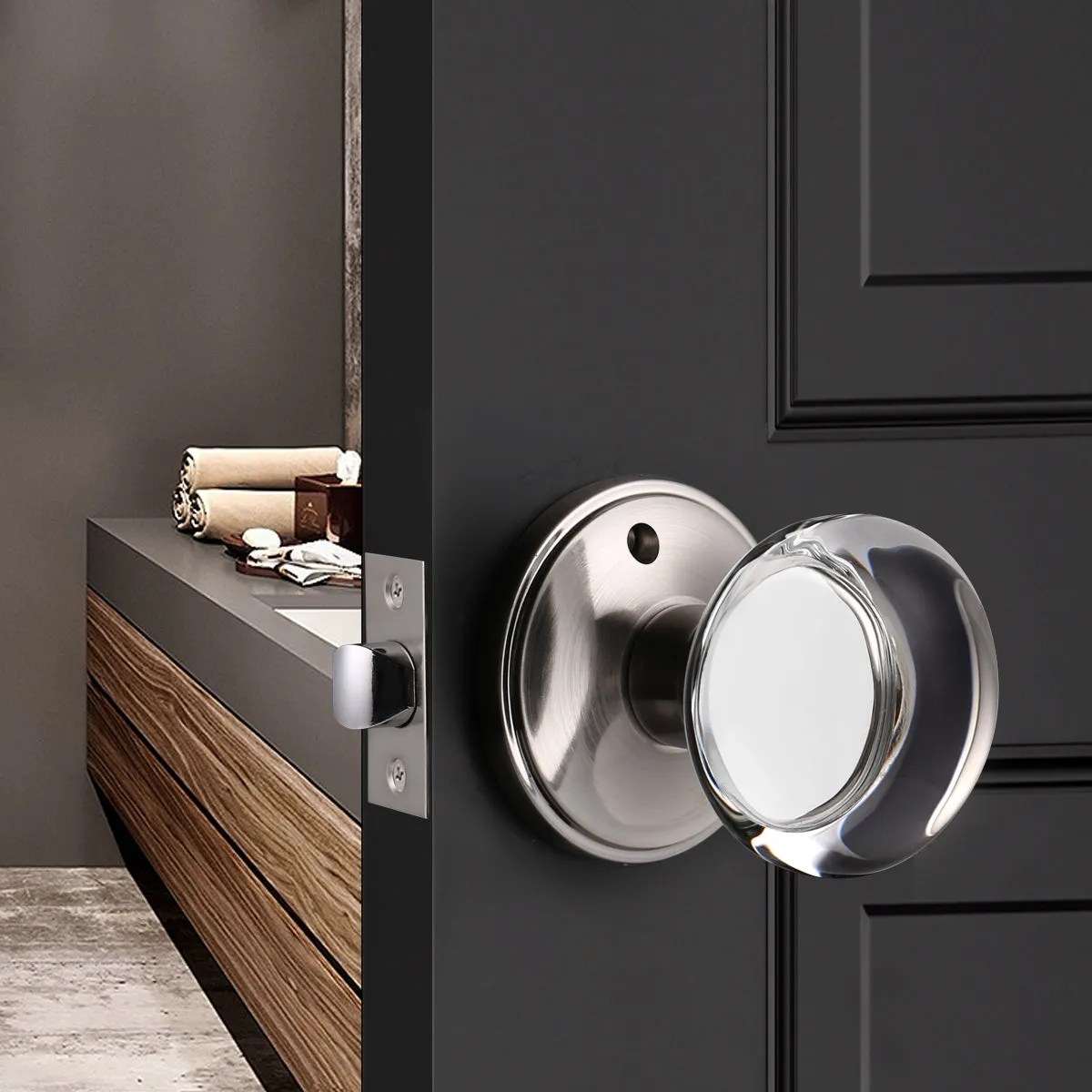 Round Glass Crystal Door Knobs with Satin Nickel Rosette, Privacy/Passage/Dummy Function DLC10BOSN