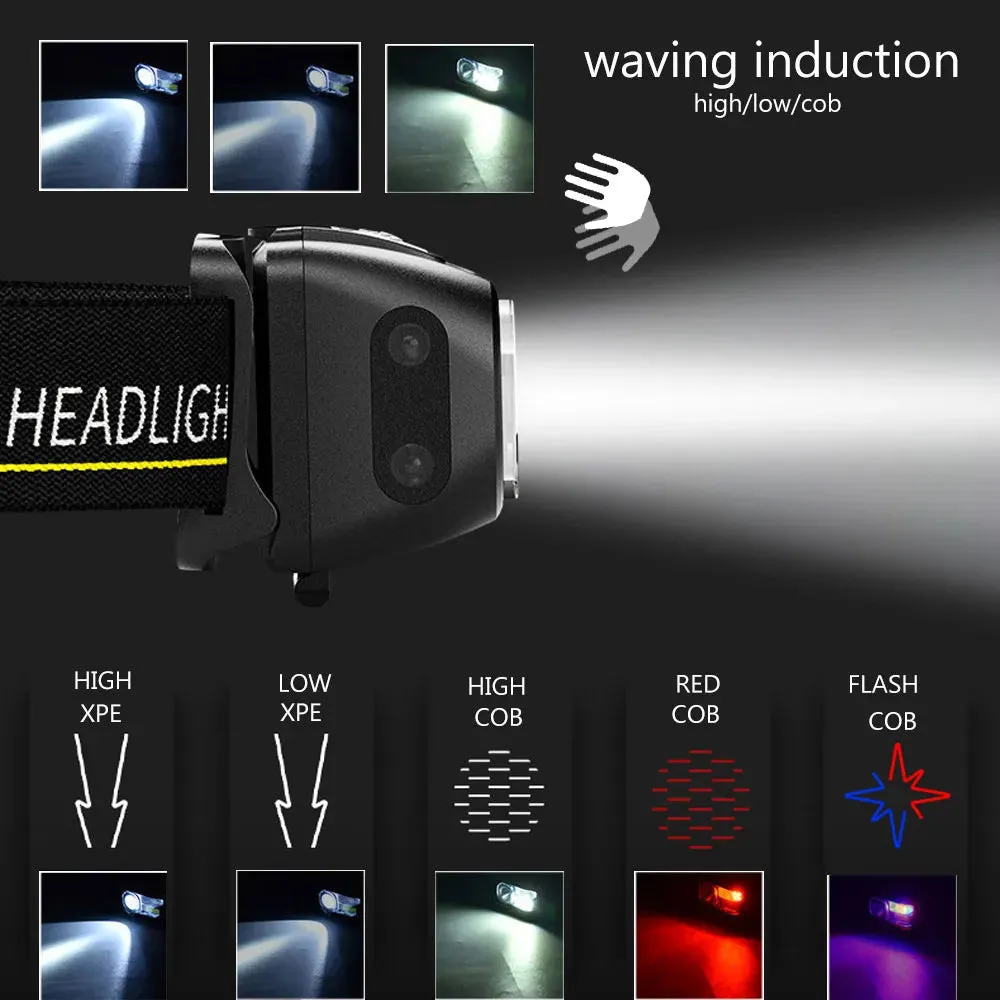 Sensing head lamp Induction Head light USB Rechargeable Headlamp   Built in Battery XPE COB White / Red LED Fishing Flashlight