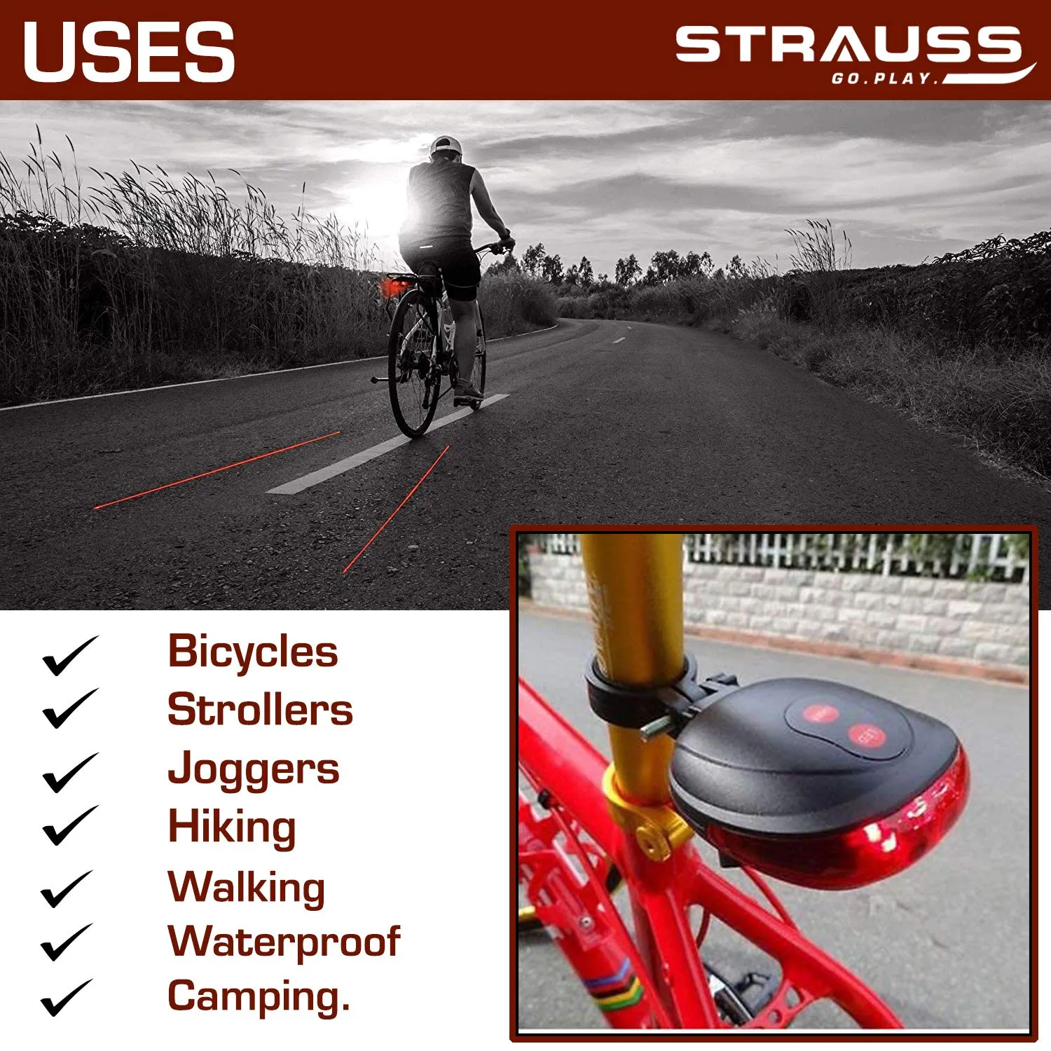 Strauss USB Rechargeable Bicycle Light Set | Super Bright Front Headlight & Rear Light | 4 Light Mode Options | IPX5 Waterproof Bike Lights for Night Riding | Ensures Cycling Safety