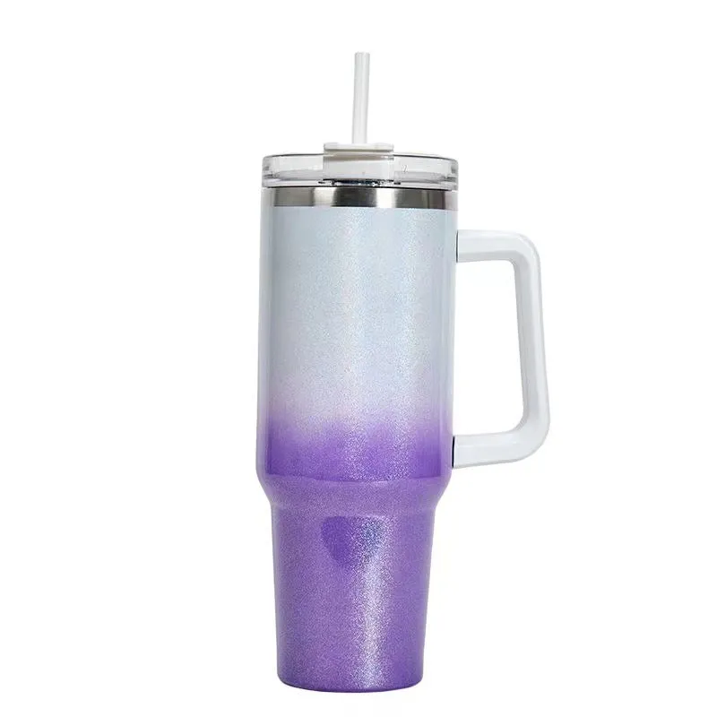 Straw Coffee Insulation Cup With Handle 40oz - Stainless Steel Water Bottle