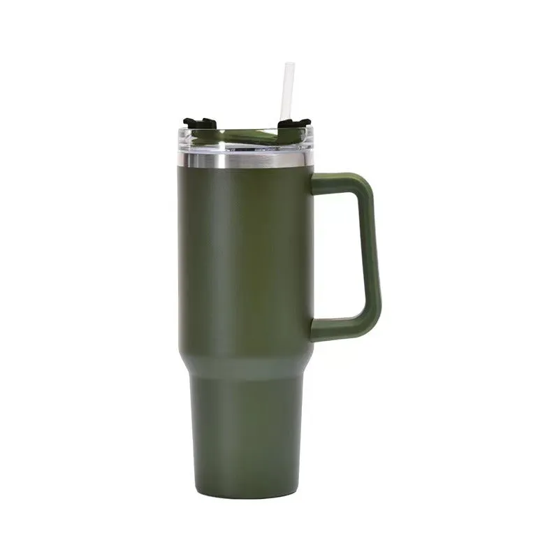 Straw Coffee Insulation Cup With Handle 40oz - Stainless Steel Water Bottle