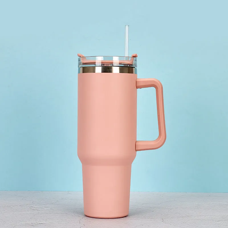 Straw Coffee Insulation Cup With Handle 40oz - Stainless Steel Water Bottle