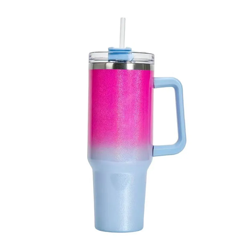 Straw Coffee Insulation Cup With Handle 40oz - Stainless Steel Water Bottle