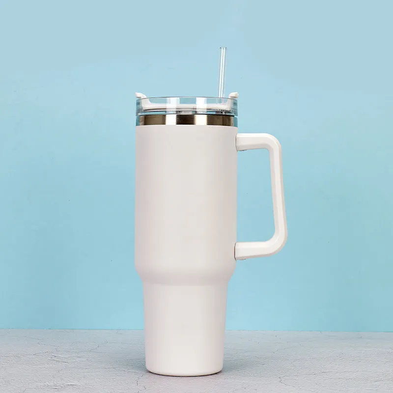 Straw Coffee Insulation Cup With Handle 40oz - Stainless Steel Water Bottle