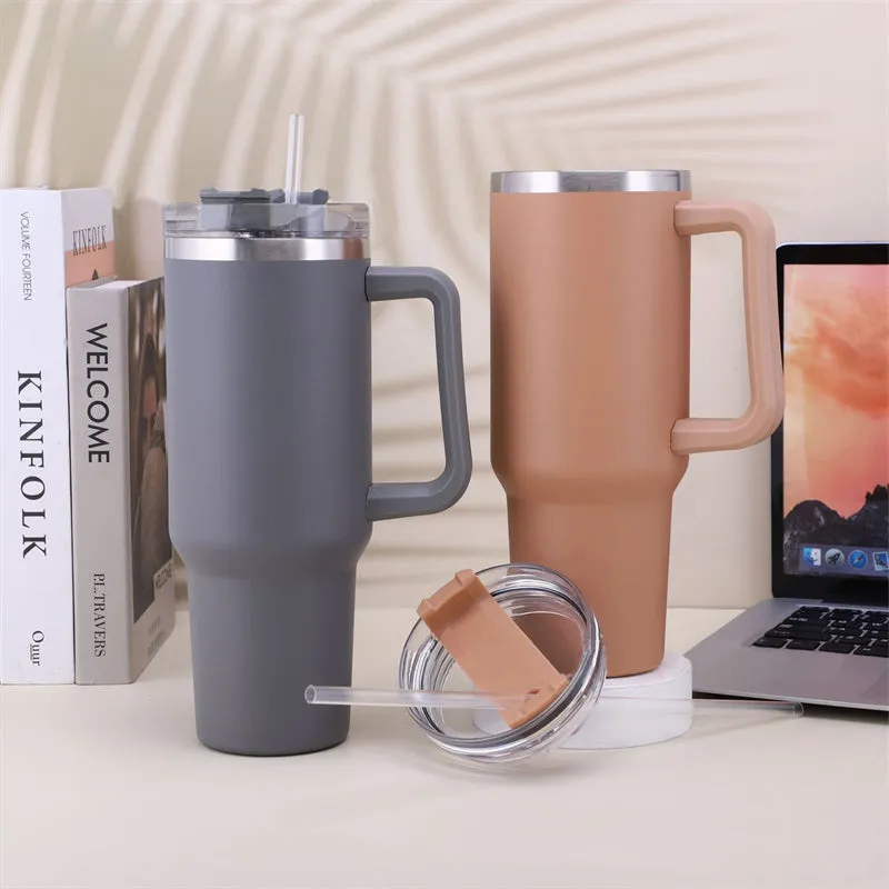 Straw Coffee Insulation Cup With Handle 40oz - Stainless Steel Water Bottle