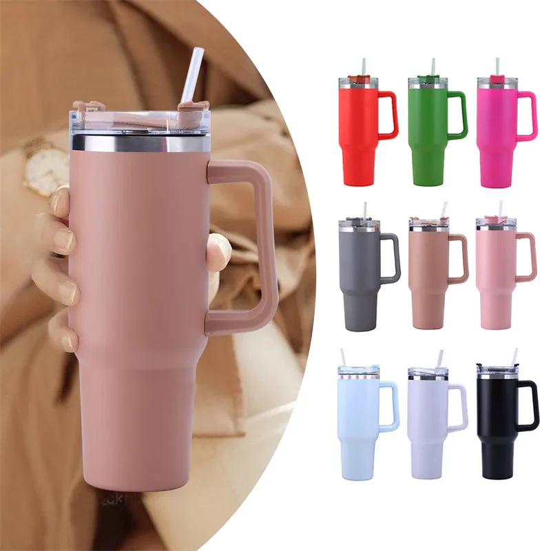 Straw Coffee Insulation Cup With Handle 40oz - Stainless Steel Water Bottle