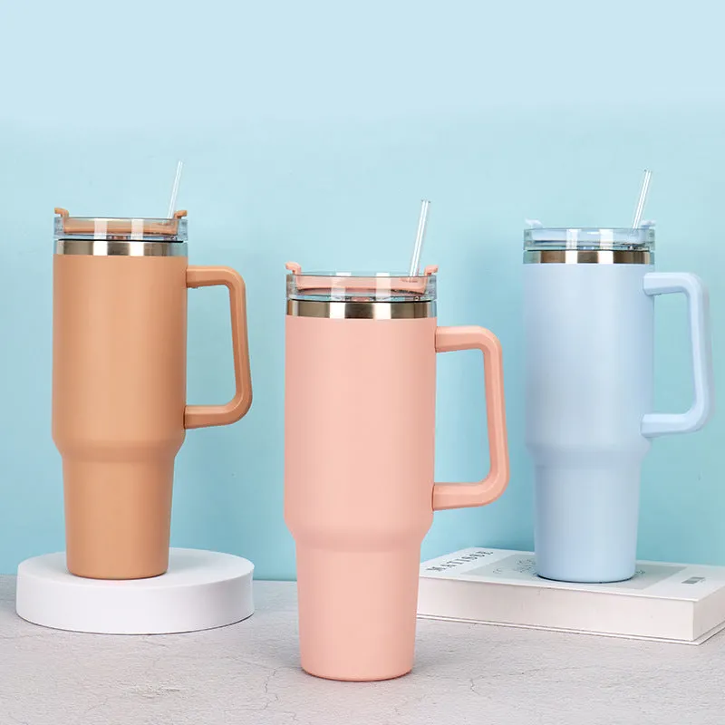 Straw Coffee Insulation Cup With Handle 40oz - Stainless Steel Water Bottle