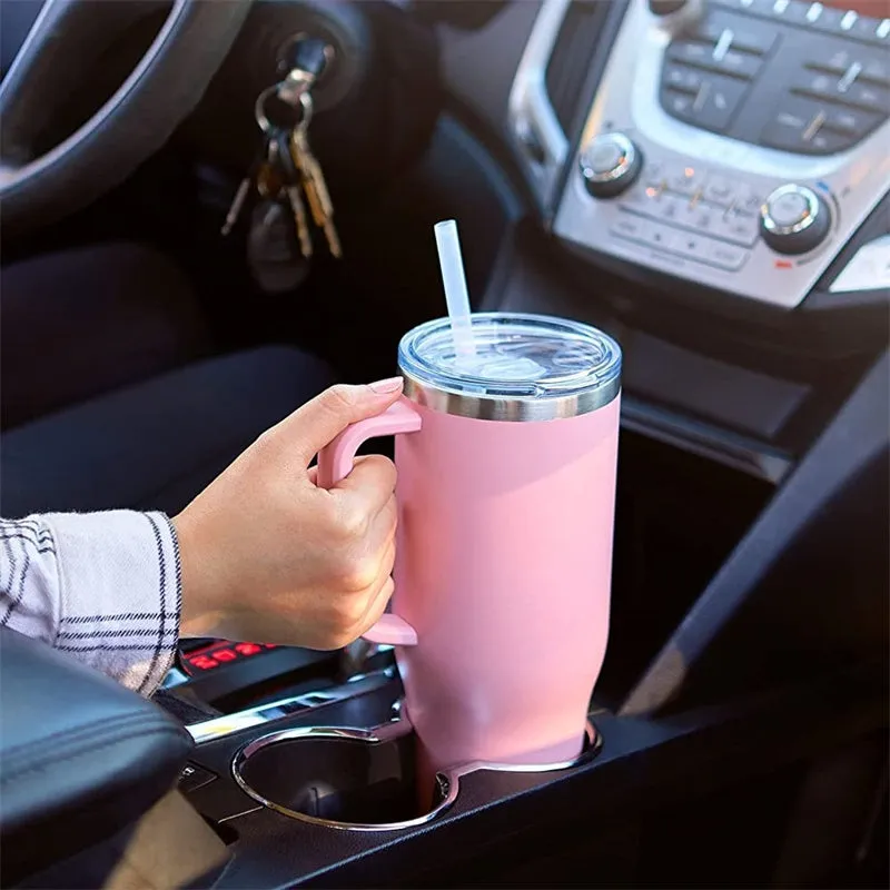 Straw Coffee Insulation Cup With Handle 40oz - Stainless Steel Water Bottle