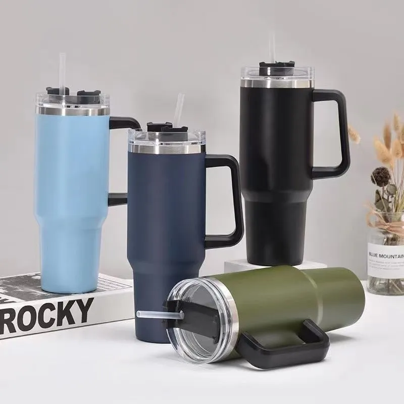 Straw Coffee Insulation Cup With Handle 40oz - Stainless Steel Water Bottle