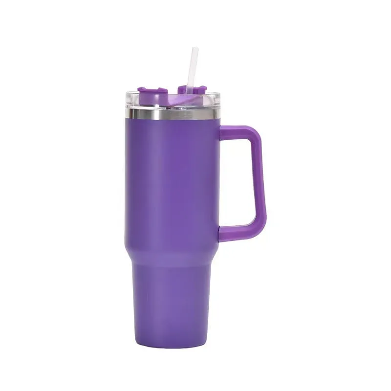 Straw Coffee Insulation Cup With Handle 40oz - Stainless Steel Water Bottle