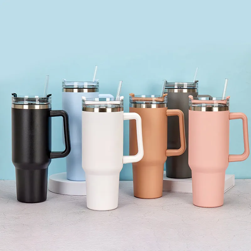 Straw Coffee Insulation Cup With Handle 40oz - Stainless Steel Water Bottle