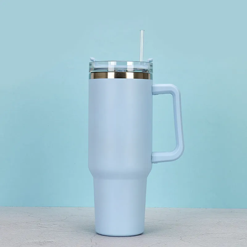 Straw Coffee Insulation Cup With Handle 40oz - Stainless Steel Water Bottle