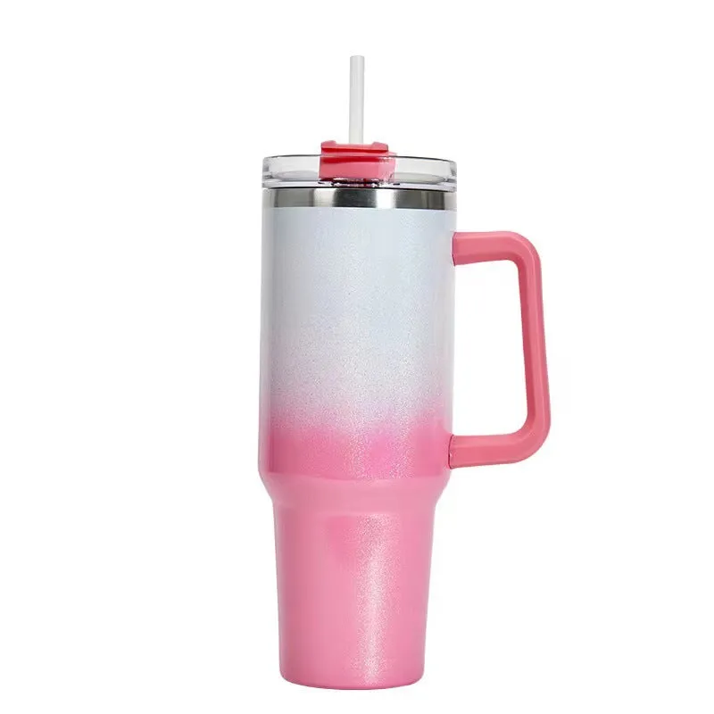 Straw Coffee Insulation Cup With Handle 40oz - Stainless Steel Water Bottle