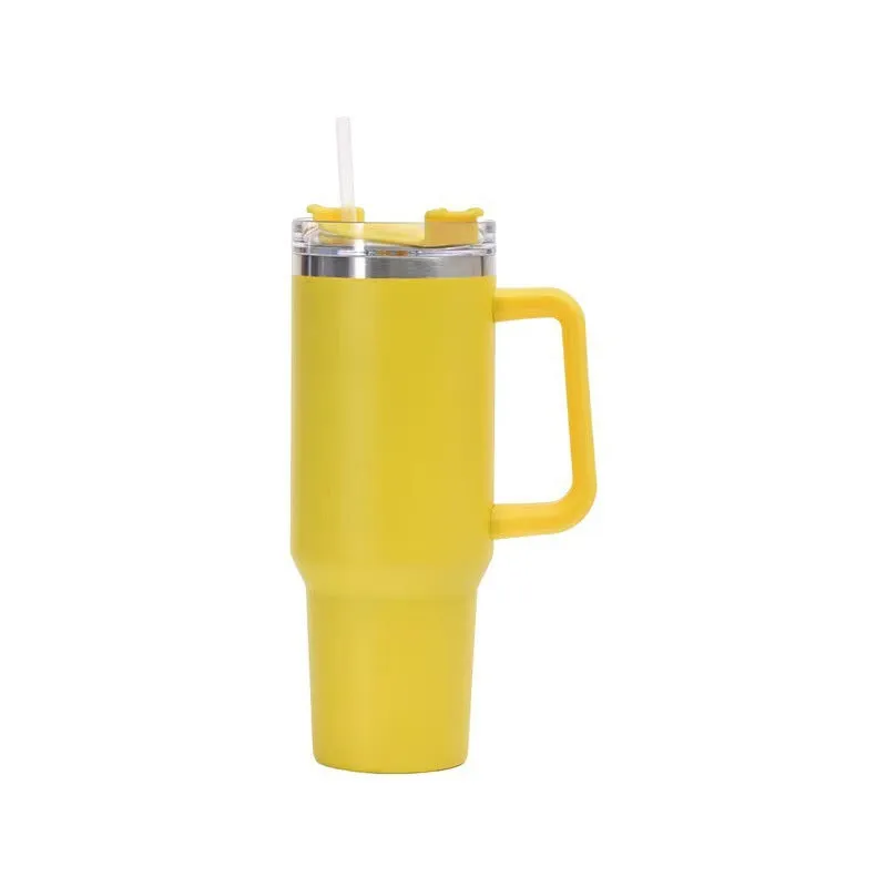 Straw Coffee Insulation Cup With Handle 40oz - Stainless Steel Water Bottle