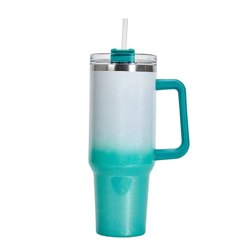Straw Coffee Insulation Cup With Handle 40oz - Stainless Steel Water Bottle