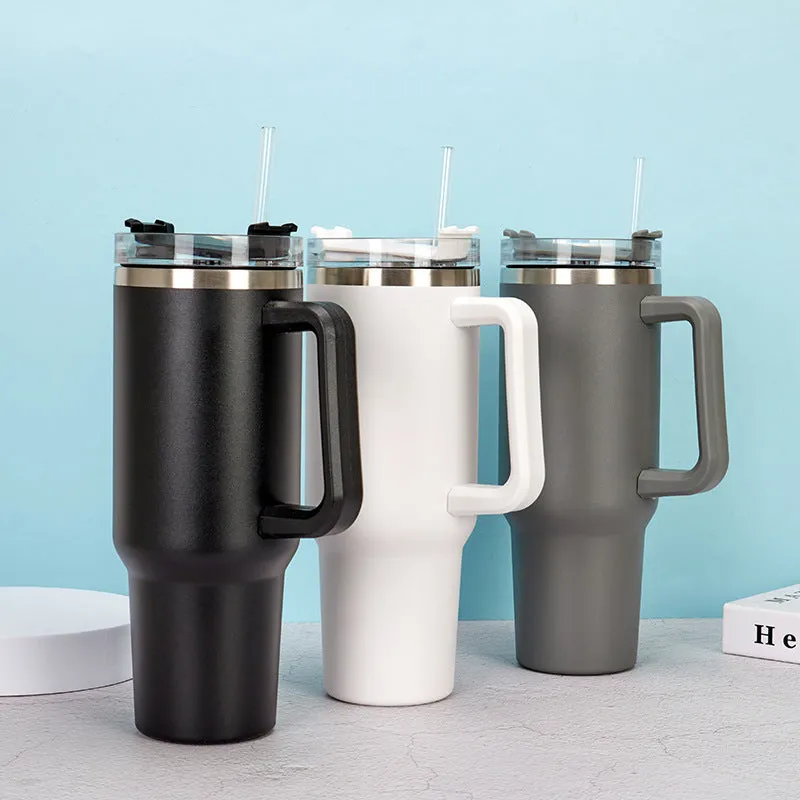Straw Coffee Insulation Cup With Handle 40oz - Stainless Steel Water Bottle