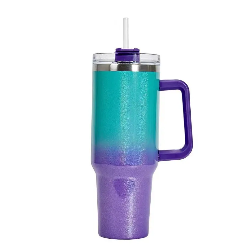 Straw Coffee Insulation Cup With Handle 40oz - Stainless Steel Water Bottle