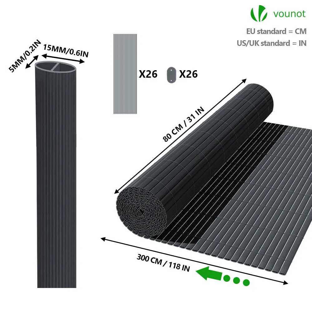 VOUNOT PVC Privacy Screening Fence 80 x 300 cm Reinforced Struts Grey